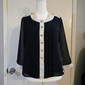 Edward Achour Paris Black & White Sheer Layered Blouse Gold Button Tie Back